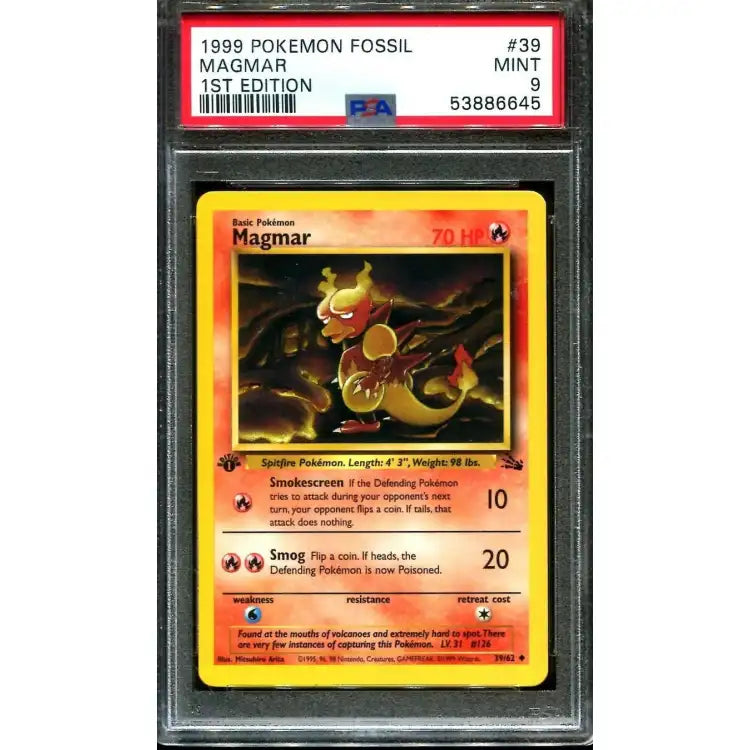 ADLR.dk - Pokemon Fossil: 1st Edition Magmar #39, 1999 - PSA 9, Mint ADLR Pok-Shop ADLR.dk - Pokemon Fossil: 1st Edition Magmar #39, 1999 - PSA 9, Mint ADLR Pok-Shop